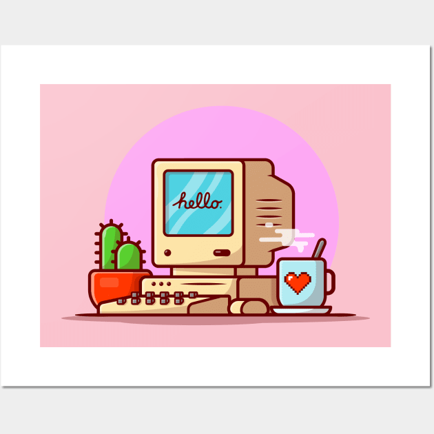 Old Computer Desktop with Coffee and Cactus Cartoon Vector Icon Illustration Wall Art by Catalyst Labs